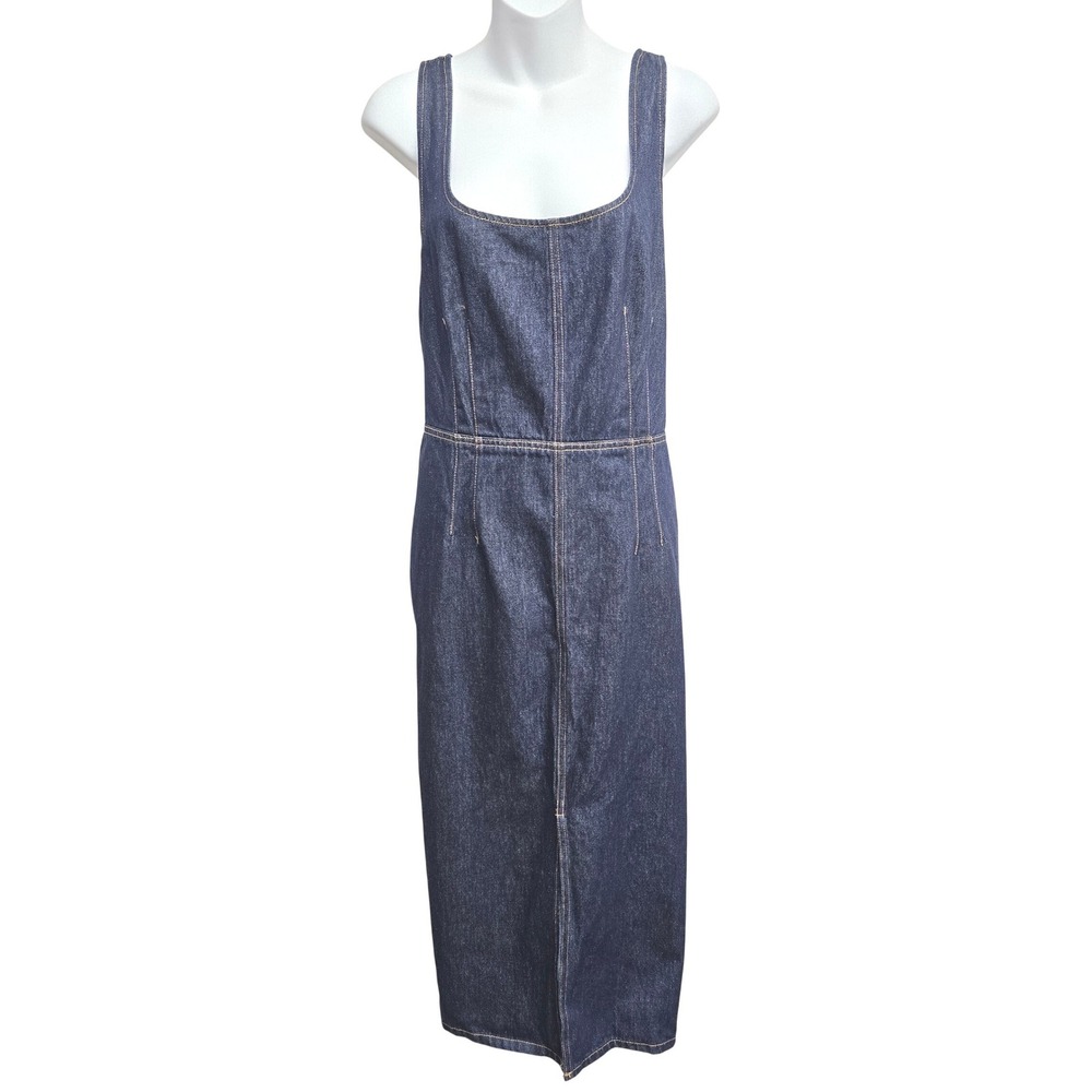 Future Collective Dark Wash Denim Midi Dress Square Neck‎ Smocked Back XL Indigo